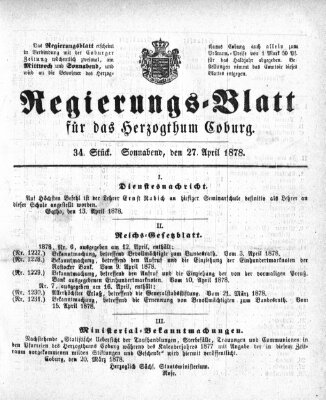 Regierungs-Blatt für das Herzogtum Coburg (Coburger Regierungs-Blatt) Samstag 27. April 1878