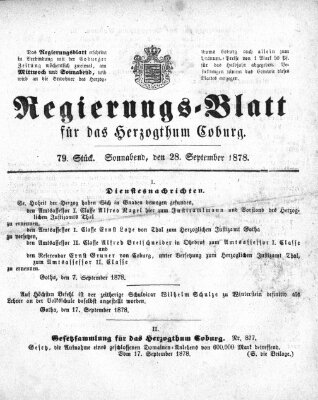 Regierungs-Blatt für das Herzogtum Coburg (Coburger Regierungs-Blatt) Samstag 28. September 1878