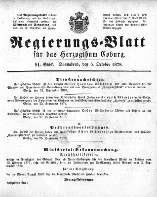 Regierungs-Blatt für das Herzogtum Coburg (Coburger Regierungs-Blatt) Samstag 5. Oktober 1878