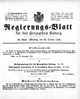 Regierungs-Blatt für das Herzogtum Coburg (Coburger Regierungs-Blatt) Mittwoch 30. Oktober 1878