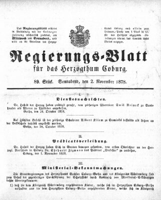 Regierungs-Blatt für das Herzogtum Coburg (Coburger Regierungs-Blatt) Samstag 2. November 1878