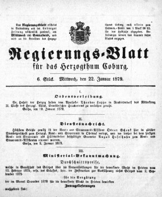 Regierungs-Blatt für das Herzogtum Coburg (Coburger Regierungs-Blatt) Mittwoch 22. Januar 1879