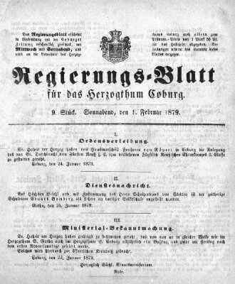 Regierungs-Blatt für das Herzogtum Coburg (Coburger Regierungs-Blatt) Samstag 1. Februar 1879