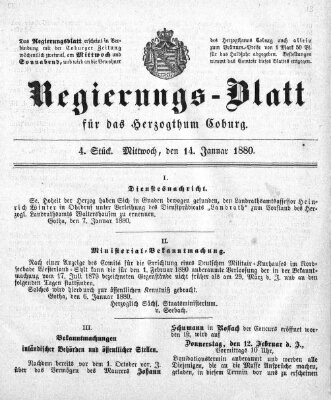 Regierungs-Blatt für das Herzogtum Coburg (Coburger Regierungs-Blatt) Mittwoch 14. Januar 1880