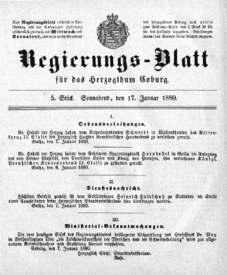 Regierungs-Blatt für das Herzogtum Coburg (Coburger Regierungs-Blatt) Samstag 17. Januar 1880