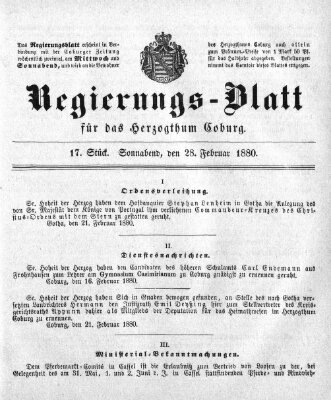 Regierungs-Blatt für das Herzogtum Coburg (Coburger Regierungs-Blatt) Samstag 28. Februar 1880