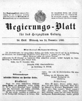 Regierungs-Blatt für das Herzogtum Coburg (Coburger Regierungs-Blatt) Mittwoch 24. November 1880