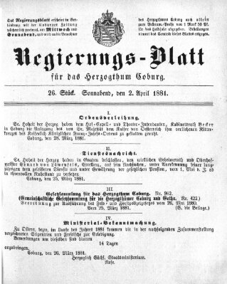 Regierungs-Blatt für das Herzogtum Coburg (Coburger Regierungs-Blatt) Samstag 2. April 1881