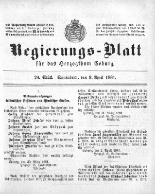 Regierungs-Blatt für das Herzogtum Coburg (Coburger Regierungs-Blatt) Samstag 9. April 1881
