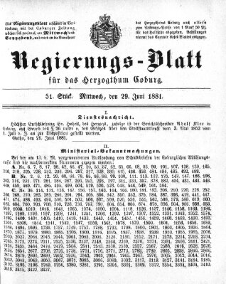 Regierungs-Blatt für das Herzogtum Coburg (Coburger Regierungs-Blatt) Mittwoch 29. Juni 1881