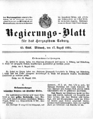 Regierungs-Blatt für das Herzogtum Coburg (Coburger Regierungs-Blatt) Mittwoch 17. August 1881