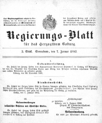 Regierungs-Blatt für das Herzogtum Coburg (Coburger Regierungs-Blatt) Samstag 7. Januar 1882