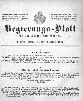 Regierungs-Blatt für das Herzogtum Coburg (Coburger Regierungs-Blatt) Samstag 14. Januar 1882