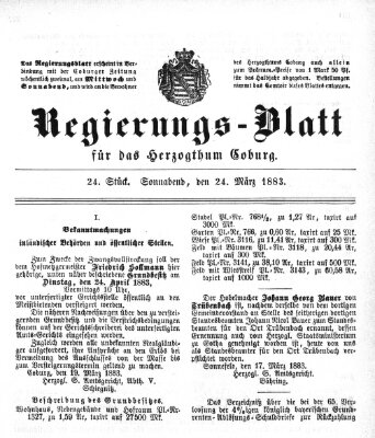 Regierungs-Blatt für das Herzogtum Coburg (Coburger Regierungs-Blatt) Samstag 24. März 1883