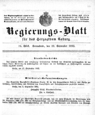 Regierungs-Blatt für das Herzogtum Coburg (Coburger Regierungs-Blatt) Samstag 22. September 1883