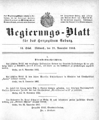 Regierungs-Blatt für das Herzogtum Coburg (Coburger Regierungs-Blatt) Mittwoch 21. November 1883
