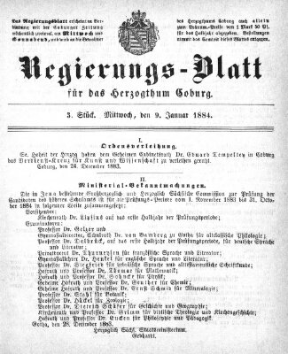 Regierungs-Blatt für das Herzogtum Coburg (Coburger Regierungs-Blatt) Mittwoch 9. Januar 1884