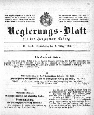 Regierungs-Blatt für das Herzogtum Coburg (Coburger Regierungs-Blatt) Samstag 1. März 1884