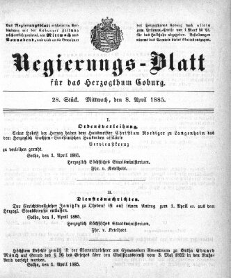 Regierungs-Blatt für das Herzogtum Coburg (Coburger Regierungs-Blatt) Mittwoch 8. April 1885