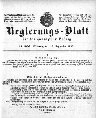 Regierungs-Blatt für das Herzogtum Coburg (Coburger Regierungs-Blatt) Mittwoch 30. September 1885