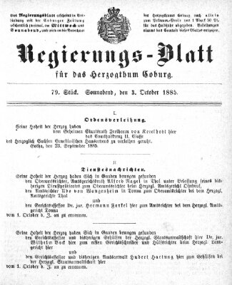 Regierungs-Blatt für das Herzogtum Coburg (Coburger Regierungs-Blatt) Samstag 3. Oktober 1885
