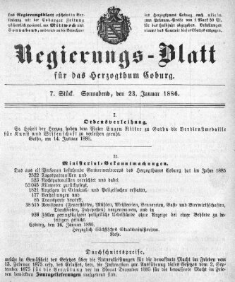 Regierungs-Blatt für das Herzogtum Coburg (Coburger Regierungs-Blatt) Samstag 23. Januar 1886