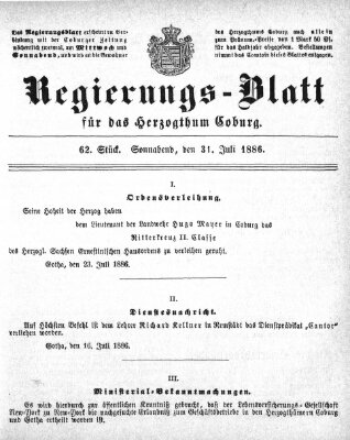 Regierungs-Blatt für das Herzogtum Coburg (Coburger Regierungs-Blatt) Samstag 31. Juli 1886