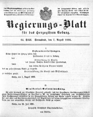 Regierungs-Blatt für das Herzogtum Coburg (Coburger Regierungs-Blatt) Samstag 7. August 1886