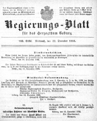 Regierungs-Blatt für das Herzogtum Coburg (Coburger Regierungs-Blatt) Mittwoch 22. Dezember 1886