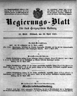Regierungs-Blatt für das Herzogtum Coburg (Coburger Regierungs-Blatt) Mittwoch 20. April 1887