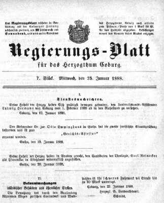 Regierungs-Blatt für das Herzogtum Coburg (Coburger Regierungs-Blatt) Mittwoch 25. Januar 1888