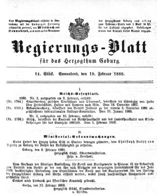 Regierungs-Blatt für das Herzogtum Coburg (Coburger Regierungs-Blatt) Samstag 18. Februar 1888