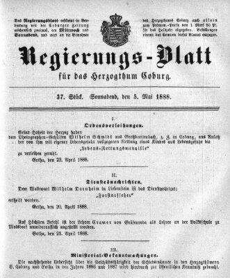 Regierungs-Blatt für das Herzogtum Coburg (Coburger Regierungs-Blatt) Samstag 5. Mai 1888