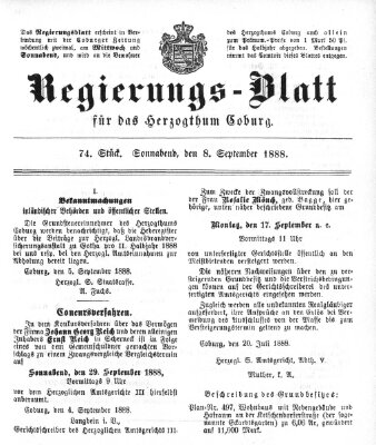 Regierungs-Blatt für das Herzogtum Coburg (Coburger Regierungs-Blatt) Samstag 8. September 1888
