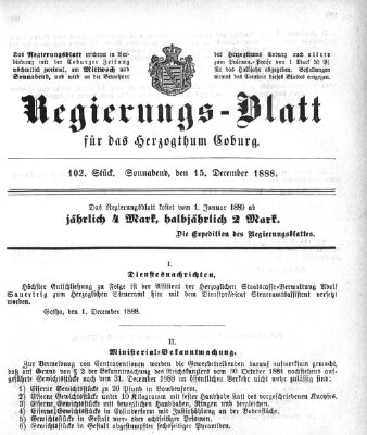 Regierungs-Blatt für das Herzogtum Coburg (Coburger Regierungs-Blatt) Samstag 15. Dezember 1888