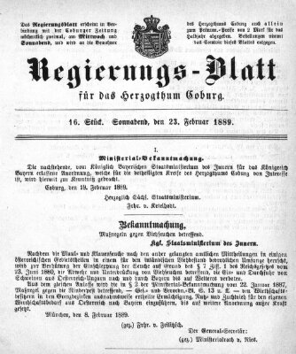 Regierungs-Blatt für das Herzogtum Coburg (Coburger Regierungs-Blatt) Samstag 23. Februar 1889