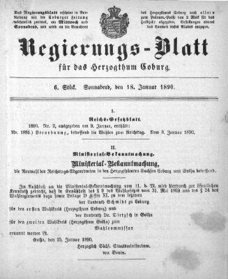 Regierungs-Blatt für das Herzogtum Coburg (Coburger Regierungs-Blatt) Samstag 18. Januar 1890