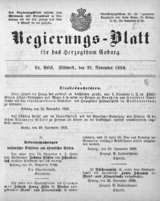 Regierungs-Blatt für das Herzogtum Coburg (Coburger Regierungs-Blatt) Mittwoch 26. November 1890