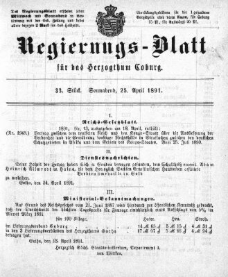 Regierungs-Blatt für das Herzogtum Coburg (Coburger Regierungs-Blatt) Samstag 25. April 1891