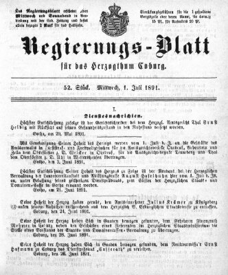 Regierungs-Blatt für das Herzogtum Coburg (Coburger Regierungs-Blatt) Mittwoch 1. Juli 1891