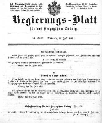 Regierungs-Blatt für das Herzogtum Coburg (Coburger Regierungs-Blatt) Mittwoch 8. Juli 1891