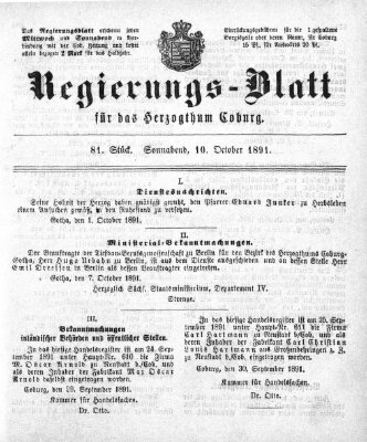 Regierungs-Blatt für das Herzogtum Coburg (Coburger Regierungs-Blatt) Samstag 10. Oktober 1891