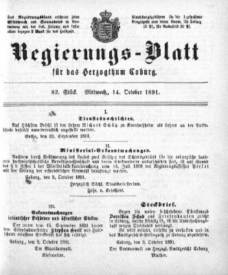 Regierungs-Blatt für das Herzogtum Coburg (Coburger Regierungs-Blatt) Mittwoch 14. Oktober 1891