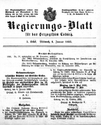Regierungs-Blatt für das Herzogtum Coburg (Coburger Regierungs-Blatt) Mittwoch 6. Januar 1892