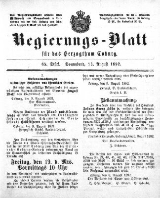 Regierungs-Blatt für das Herzogtum Coburg (Coburger Regierungs-Blatt) Samstag 13. August 1892