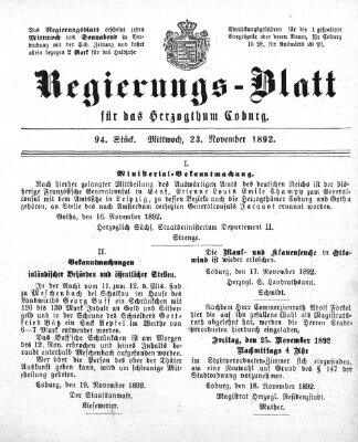 Regierungs-Blatt für das Herzogtum Coburg (Coburger Regierungs-Blatt) Mittwoch 23. November 1892