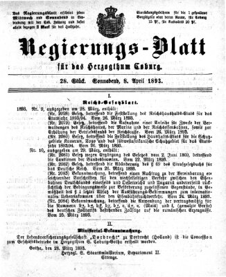 Regierungs-Blatt für das Herzogtum Coburg (Coburger Regierungs-Blatt) Samstag 8. April 1893