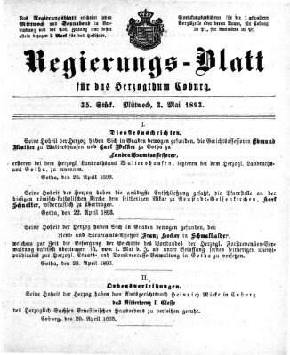 Regierungs-Blatt für das Herzogtum Coburg (Coburger Regierungs-Blatt) Mittwoch 3. Mai 1893