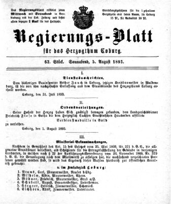 Regierungs-Blatt für das Herzogtum Coburg (Coburger Regierungs-Blatt) Samstag 5. August 1893
