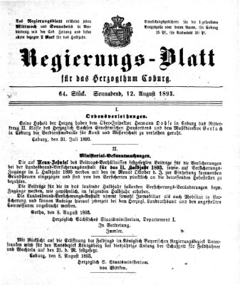 Regierungs-Blatt für das Herzogtum Coburg (Coburger Regierungs-Blatt) Samstag 12. August 1893